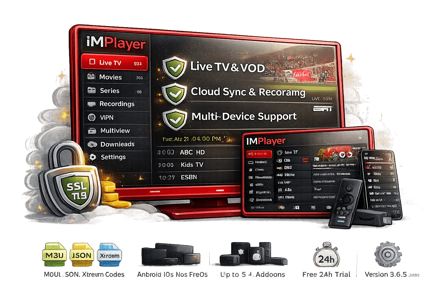 iMPlayer IPTV player interface with live TV and EPG