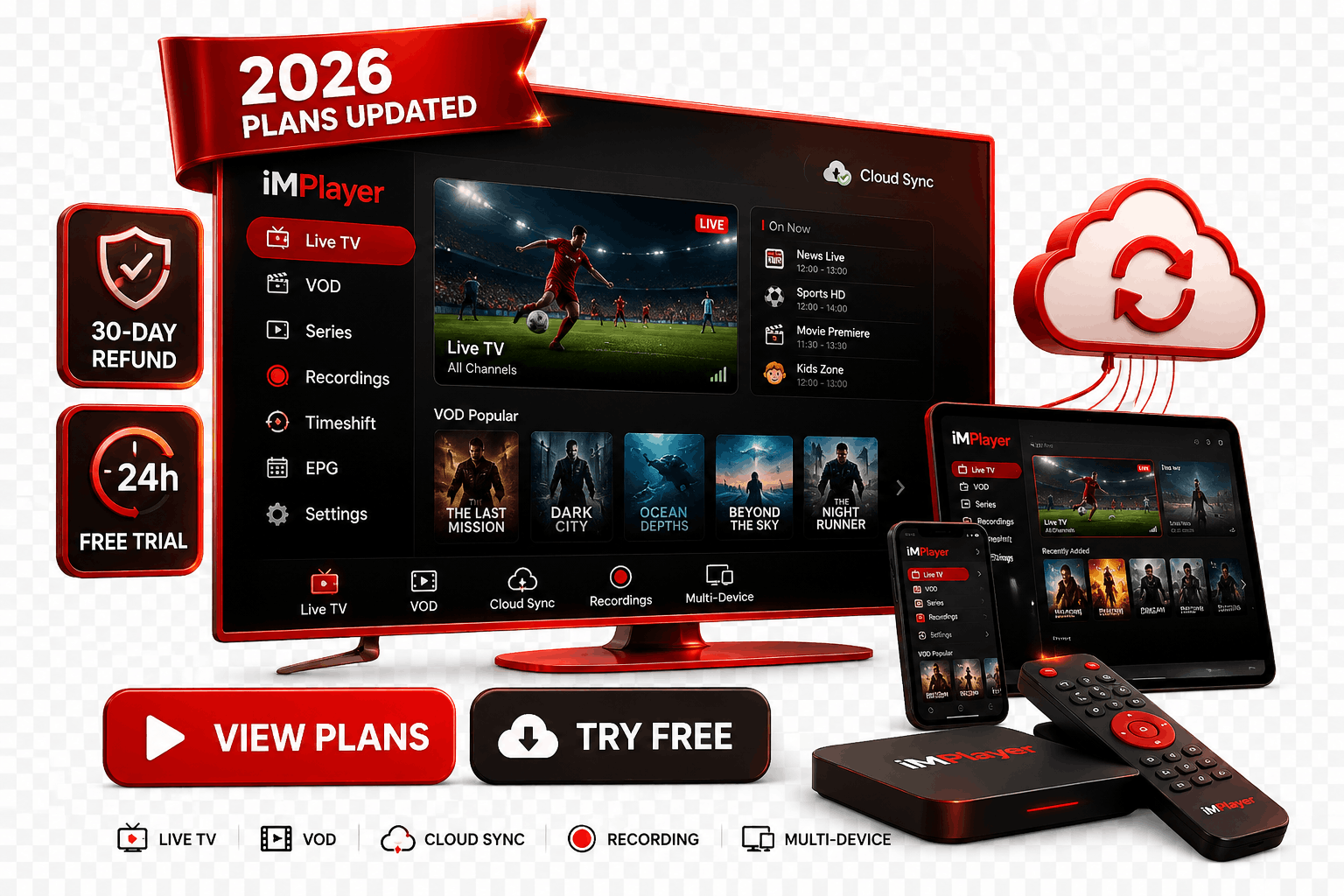 iMPlayer subscription dashboard showing live TV, VOD and cloud sync